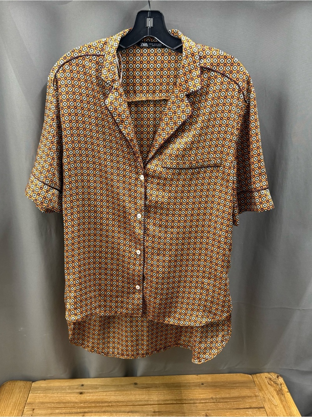 Zara Rust Brown Geometric Short-Sleeve Button-Down Shirt